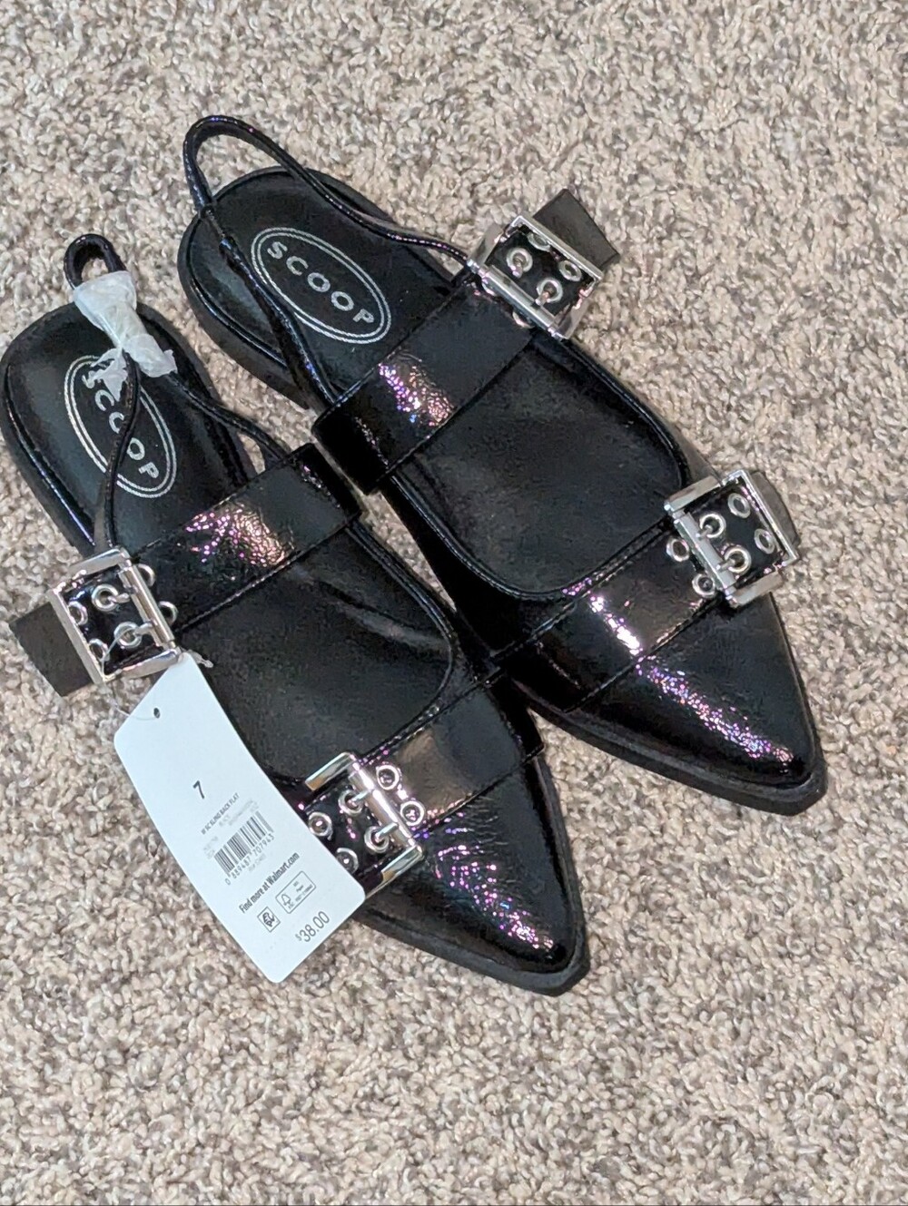 Black Patent Pointed Slingback Flats with Buckle Detail NWT NO BOX
